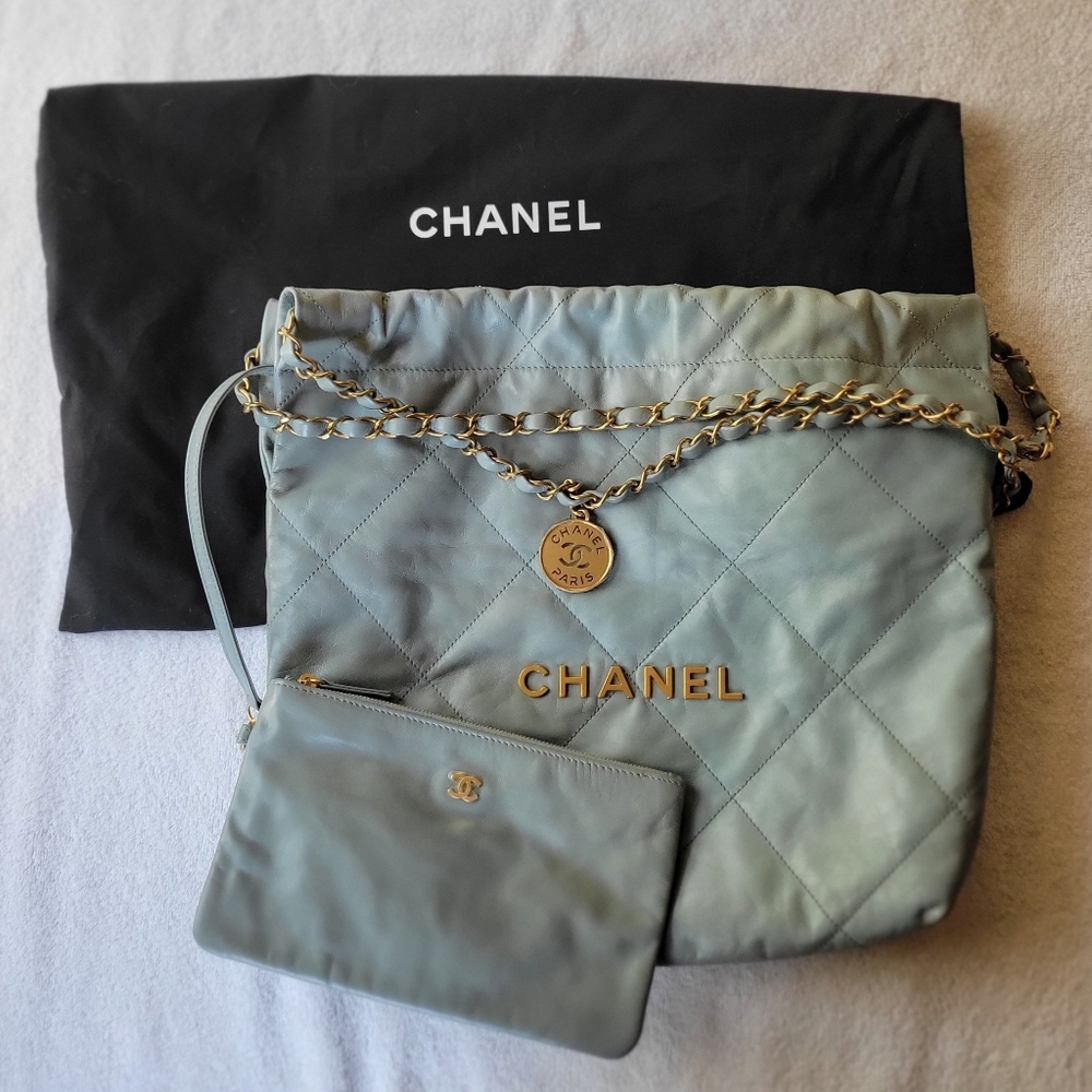 CHANEL 22 Small Hobo Bag Sage Green Lambskin Aged Gold Hardware
